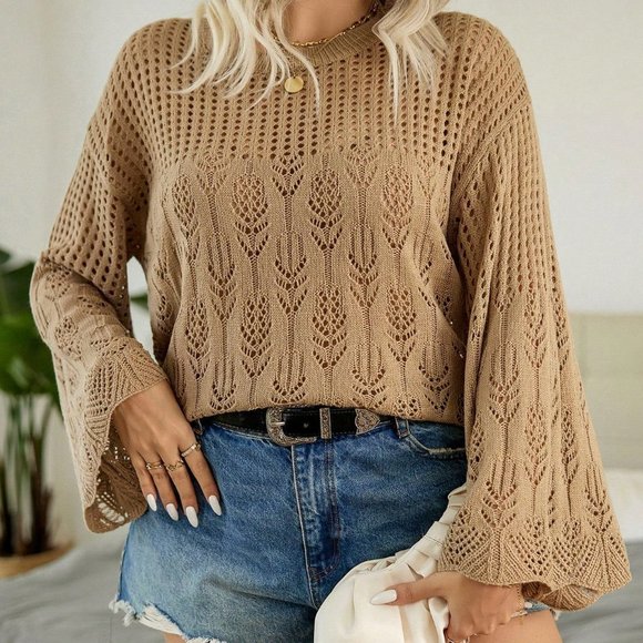 Khaki Casual Womens Pointelle Knit Flare Sleeve Sweater - Picture 3 of 5